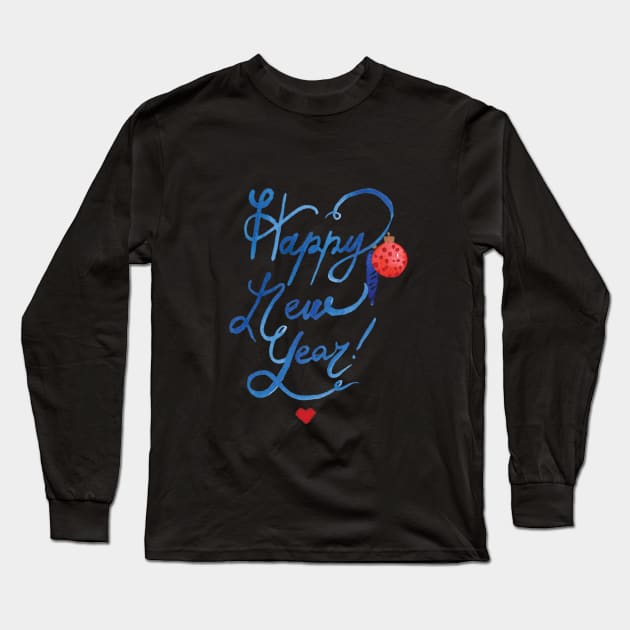 Happy New Year & Merry Christmas watercolor print Long Sleeve T-Shirt by cloudymoon